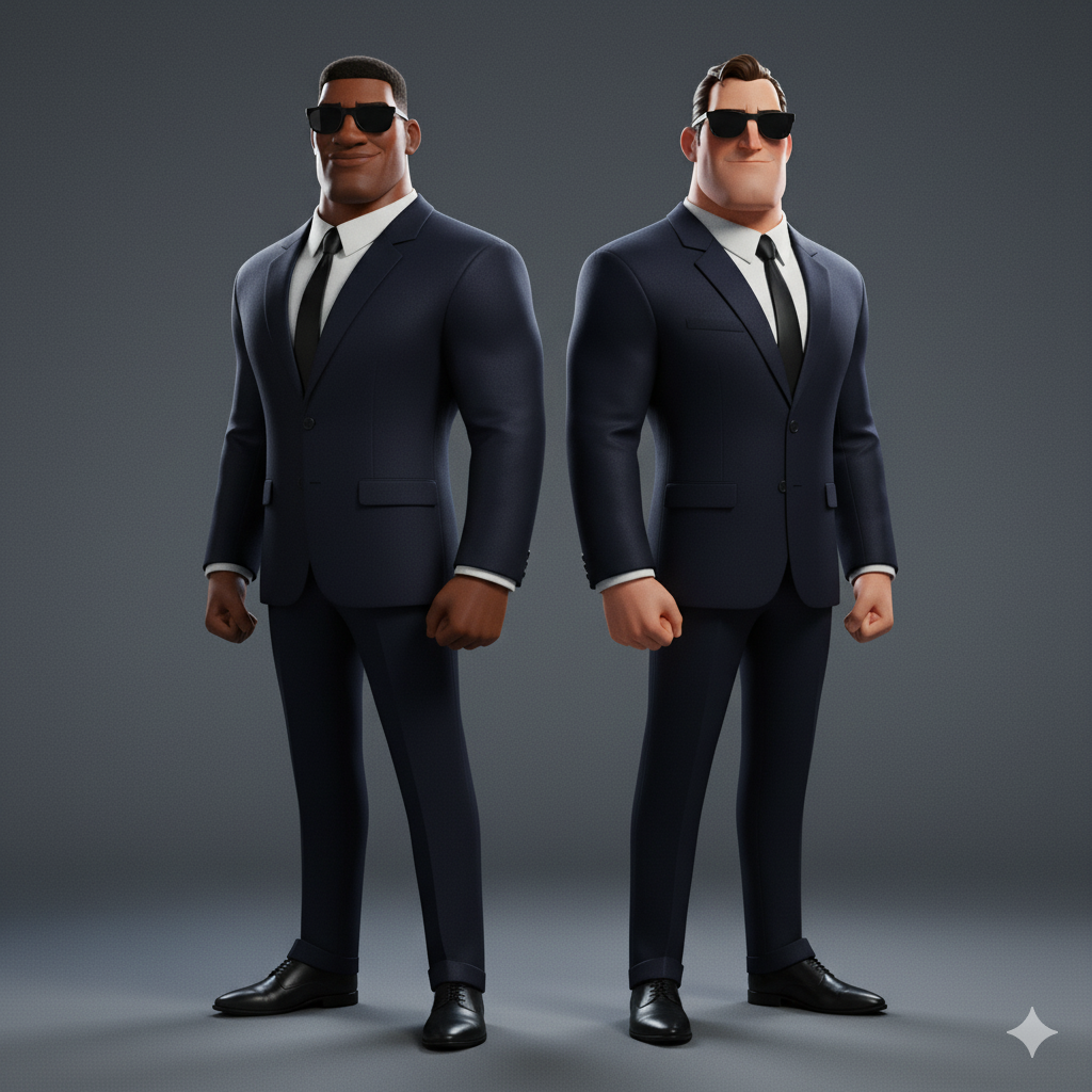 Two broad-shouldered friends in black suits and sunglasses.