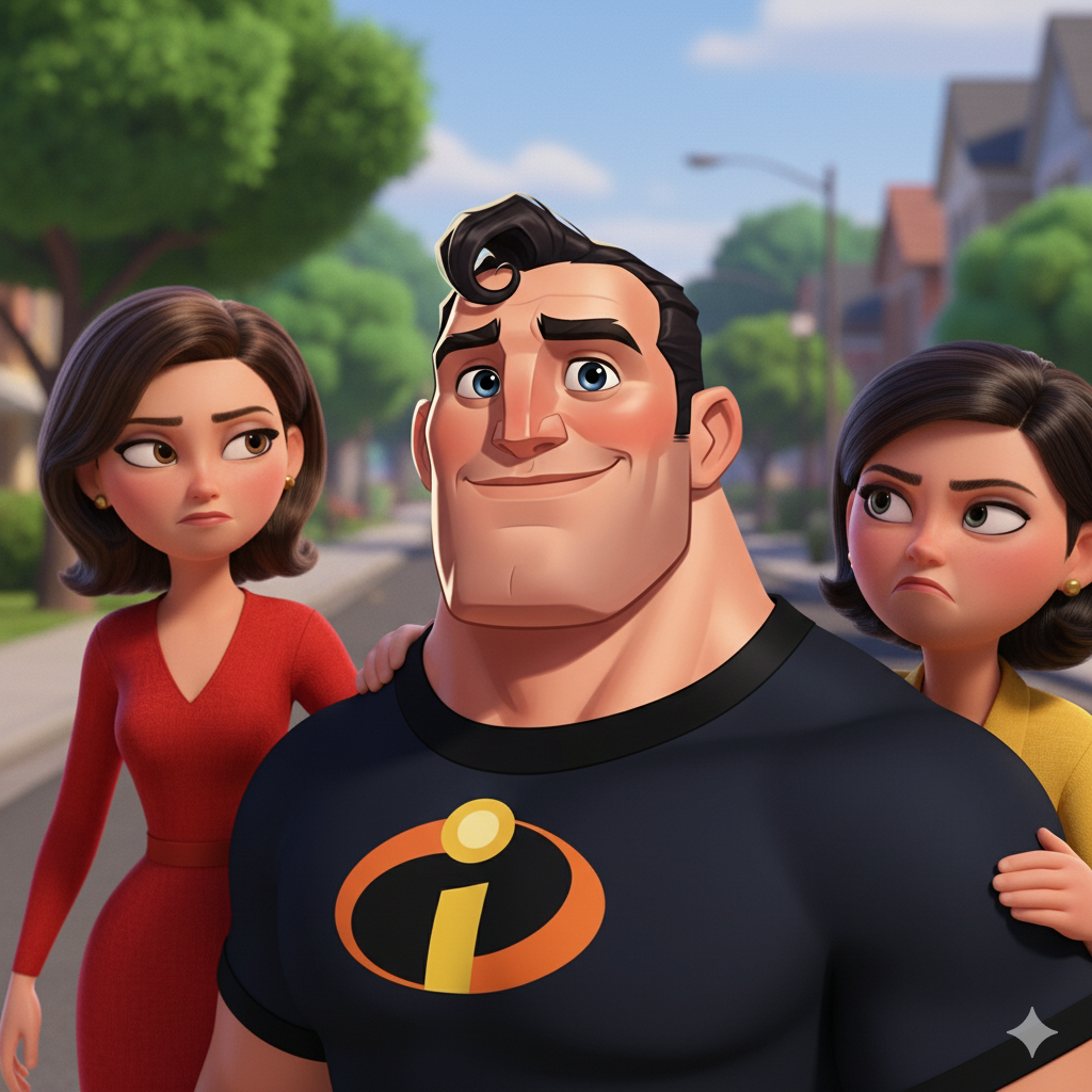 Supermog fills a group selfie with an unbothered smile.